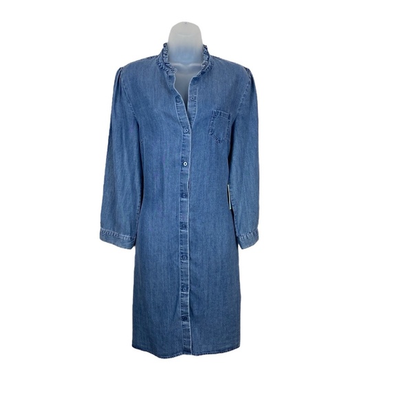 CeCe Denim Tie Waist Button Front Shirtdress Chambray - Picture 8 of 9